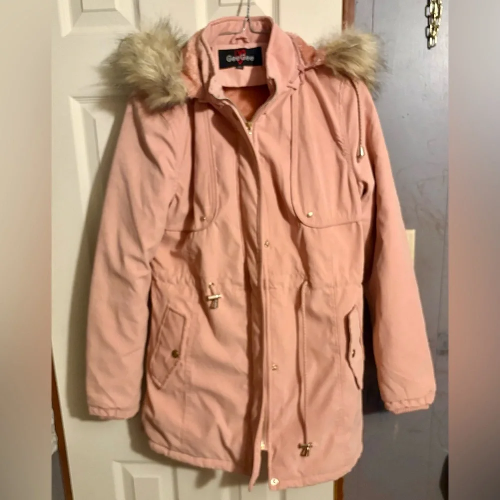 Women's Pink Parka Coat with Faux Fur Hood - Picture 1 of 3
